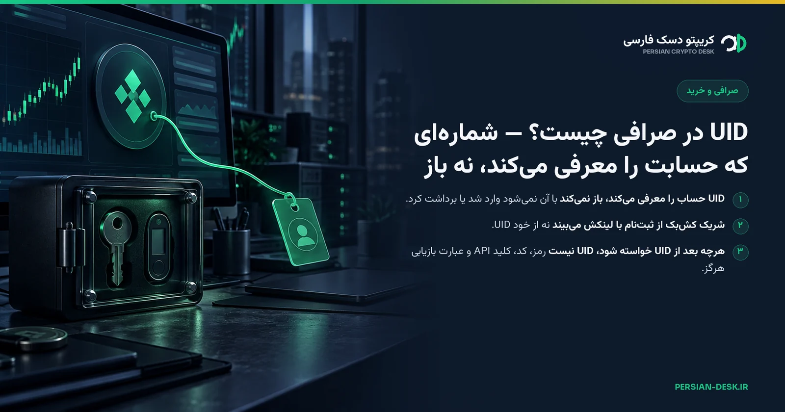 پنل حساب صرافی روی مانیتور که برچسب هویت سبزی با سیمی نازک از آن بیرون آمده و آزادانه روی میز افتاده؛ کنارش جعبه‌ی امن بسته‌ای با یک کلید و یک توکن تأیید دومرحله‌ای که به هیچ‌جا وصل نیست